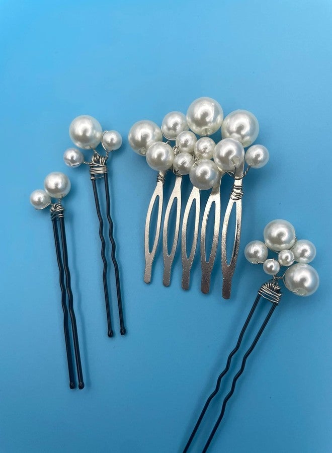 DORMITORRY Elegant Pearl Hair Pins Set, 4 pcs Bridal Hair Accessories for Women, Handmade Bobby Pins & Comb Clip, Wedding, Prom, Party, Formal Hair Jewelry, Vintage Style Pearl for Burns - Silver. - Image 4