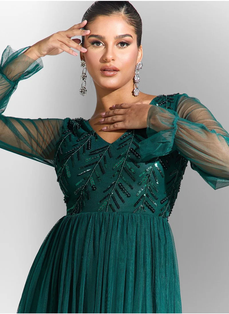 Namshi x Embellished Bodice V Neck Dress