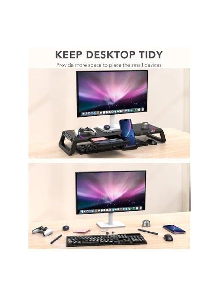 PROMASS Computer Monitor Stand for Desk with Storage, USB Hub, RGB Light, Adjustable Monitor Riser for Desk with Drawer, Phone Stand for Home, School and Office - Image 3