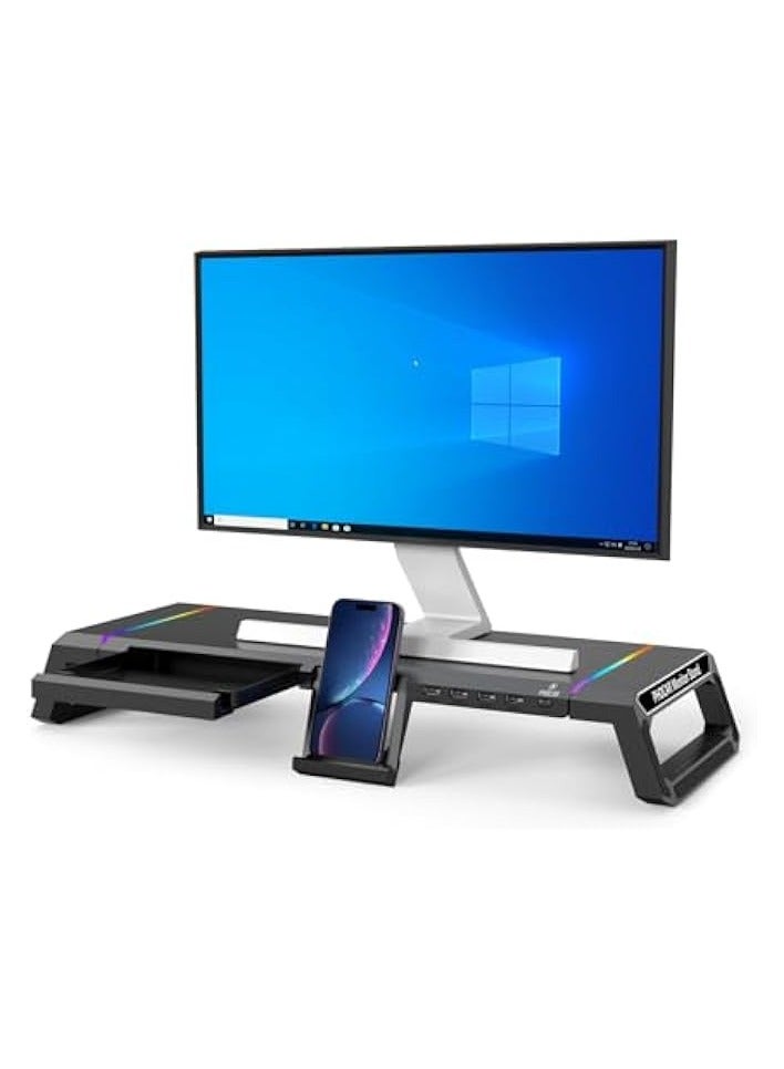 PROMASS Computer Monitor Stand for Desk with Storage, USB Hub, RGB Light, Adjustable Monitor Riser for Desk with Drawer, Phone Stand for Home, School and Office - Image 1