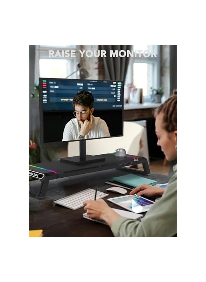 PROMASS Computer Monitor Stand for Desk with Storage, USB Hub, RGB Light, Adjustable Monitor Riser for Desk with Drawer, Phone Stand for Home, School and Office - Image 2