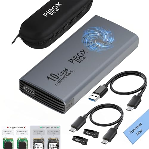 pibox India صندوق PiBOX India NVME M2 مع مروحة، صندوق SSD - USB 3.2 10Gbps، علبة M.2 NVMe بدون أدوات، قارئ PCI-E NVMe، USB-C، يدعم مفاتيح M و B&M، 2230/2242 - Image 1