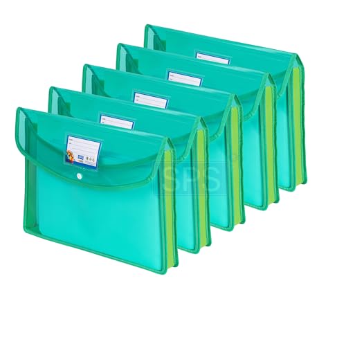 SPS File Folder, Transparent Poly-Plastic A4/Foolscap Documents File Storage Bag with Snap Button, Set of 5 (Green) - Image 1