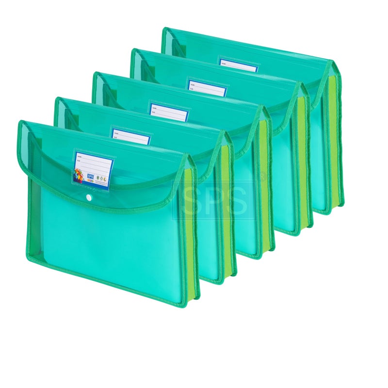 SPS File Folder, Transparent Poly-Plastic A4/Foolscap Documents File Storage Bag with Snap Button, Set of 5 (Green) - Image 3
