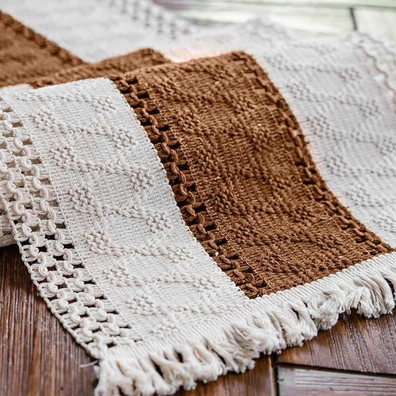 Alynsehom Macrame Table Runner Cream Beige and Caramel Boho Table Runners with Tassels Hand Woven Cotton Table Runner Rustic Farmhouse Table Runners for Bohemian Kitchen Dining Table(12x71in) - Image 5