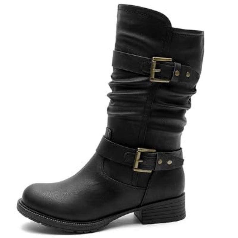 GLOBALWIN Womenâ€™s Mid Calf Boots Black Fashion Moto Boots For Women With Buckle Straps, Side Zipper, And Low Block Heel â€“ Biker Boots For Fall Spring WinterSize 11M
