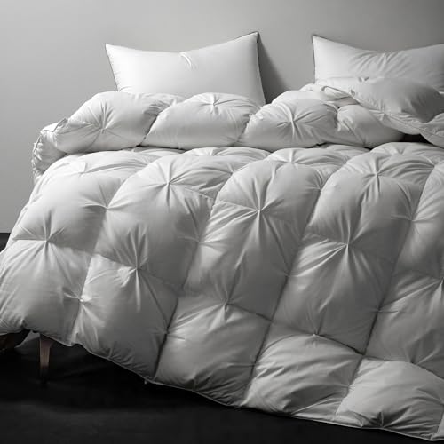 Royoliving Premium Pinch Pleat Feathers Down Comforter Queen Size White 100 Cotton Cover Full Size All Season Duvet Insert with Corner Tabs 90x90 60 oz