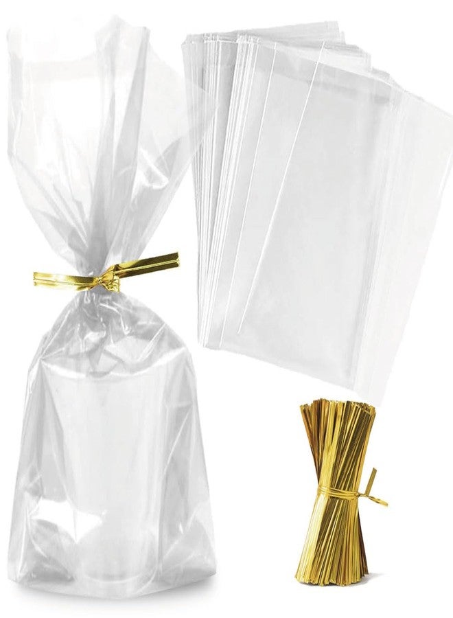 Zcintert Clear Cello Cellophane Treat Bags, 100 Pcs - 7.9" x 11" (2mils), Plastic Gift Bags for Candy, Party Favor, Cookies, Candies Packaging, with 4” Twist Ties - Image 1