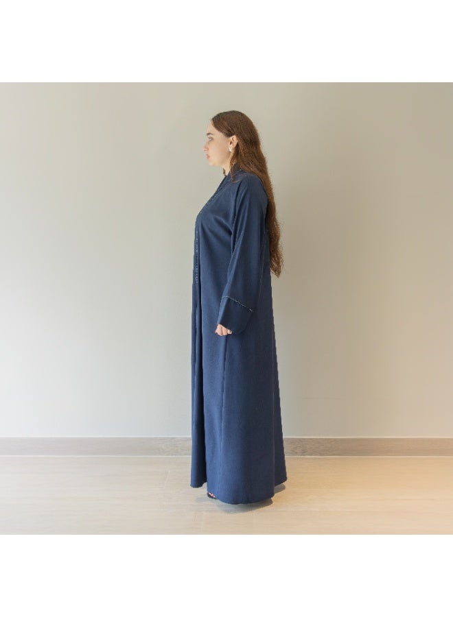 LINELLE عباءة لينيل زرقاء للنساء - تصميم مفتوح من الأمام مع أزرار وتفاصيل حجرية خطية على اللوحة الأمامية والأكمام، ملابس يومية ومناسبات محتشمة - Image 2