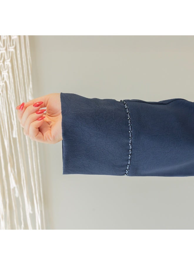 LINELLE عباءة لينيل زرقاء للنساء - تصميم مفتوح من الأمام مع أزرار وتفاصيل حجرية خطية على اللوحة الأمامية والأكمام، ملابس يومية ومناسبات محتشمة - Image 5