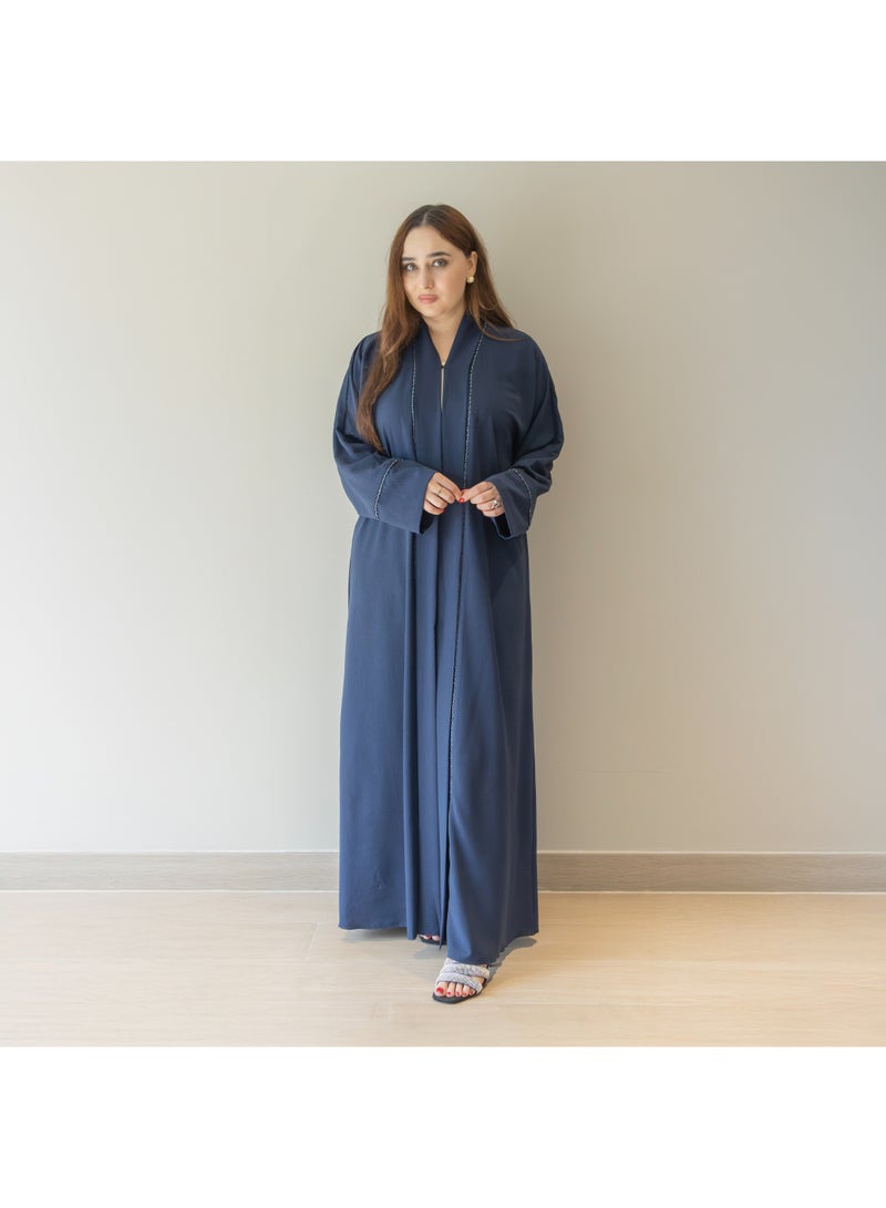 LINELLE عباءة لينيل زرقاء للنساء - تصميم مفتوح من الأمام مع أزرار وتفاصيل حجرية خطية على اللوحة الأمامية والأكمام، ملابس يومية ومناسبات محتشمة - Image 1
