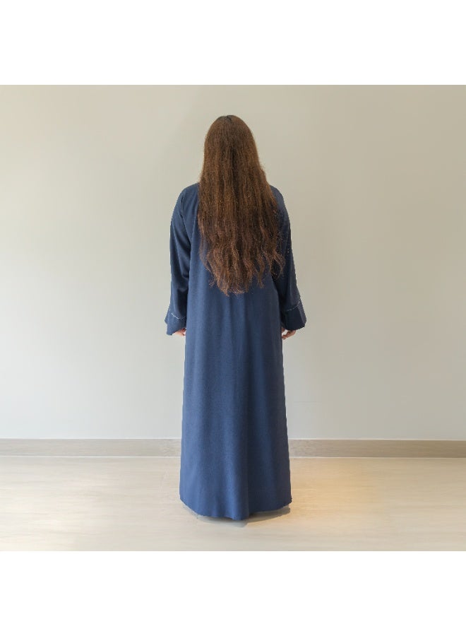 LINELLE عباءة لينيل زرقاء للنساء - تصميم مفتوح من الأمام مع أزرار وتفاصيل حجرية خطية على اللوحة الأمامية والأكمام، ملابس يومية ومناسبات محتشمة - Image 3