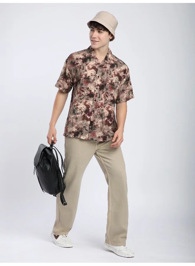 Beyoung Light Mauve Marble Printed Cuban Shirt