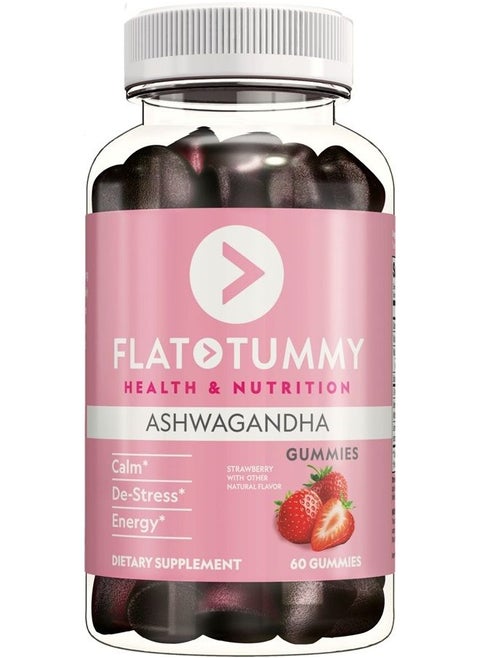 Flat Tummy Ashwagandha Gummies (60 Count) feat. Lemon Balm - Destress, Calm, Natural Energy Vegan, Gluten-Free, Gelatine-Free Made with Clinically Studied Sensorill® for Stress Management