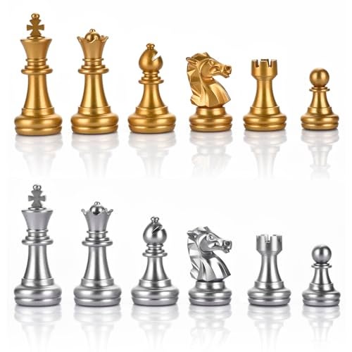 QuadPro Chess Pieces Only Magnetic Plastic Chessman Set for Replacement of Missing Pieces Include Storage Bag 196 King Small Gold Silver - Image 1