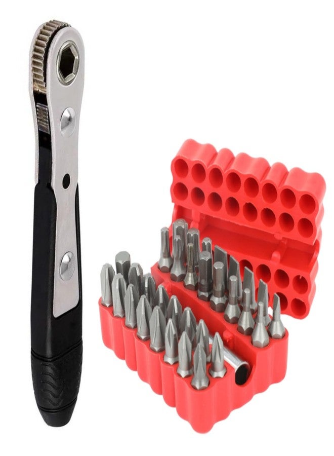 Sunkizzrs® 34-Pcs Ratchet Wrench Screwdriver Bit Set-1/4"(6.35mm)Hex Socket Double-Head Bidirectional Control-Mini Magnetic Ratchet Screw Driver Set with High Torque for Gadgets/Machines (Pocket Size) - Image 1