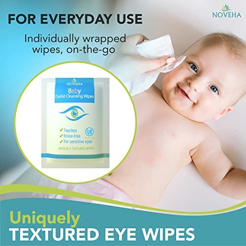 NOVEHA 60PCs Baby Eye Wipes | Safe & Natural Eyelid & Lash Wipes | Non Irritating, Tear Free, Hypoallergenic & Preservative free | Organic Baby Wipes for Sensitive Skin | Soothing and Moisturizing - Image 3