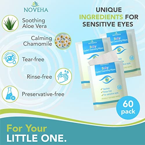 NOVEHA 60PCs Baby Eye Wipes | Safe & Natural Eyelid & Lash Wipes | Non Irritating, Tear Free, Hypoallergenic & Preservative free | Organic Baby Wipes for Sensitive Skin | Soothing and Moisturizing - Image 2