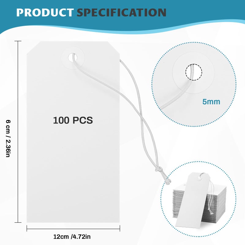 koorito 100 Pack White Shipping Tags with Elastic String Blank Labeling Tags with Strings Attached, 4 3/4" x 2 3/8" - Image 2