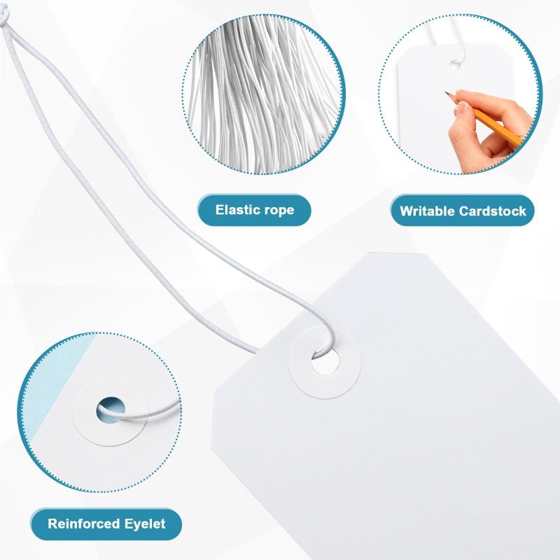 koorito 100 Pack White Shipping Tags with Elastic String Blank Labeling Tags with Strings Attached, 4 3/4" x 2 3/8" - Image 3