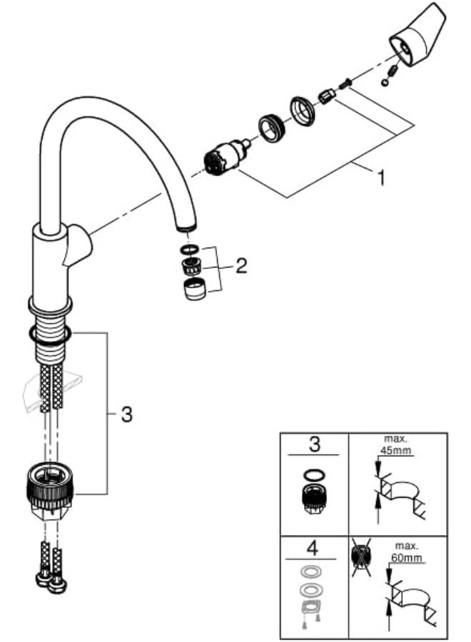 جروهي صنبور مطبخ GROHE BauEdge ذو ذراع واحد مع تركيب بدون أدوات، صنبور مطبخ، صنبور خلاط حوض المطبخ، كروم – 31367001 - Image 3