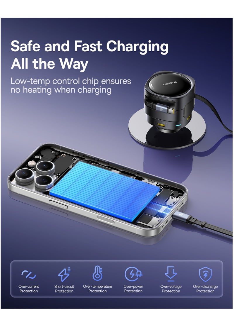 بيسوس شاحن سيارة سريع 90 واط 4 في 1 مع كابلات USB-C مزدوجة قابلة للسحب، دوران عمودي 180°، دعم الشحن السريع PD 3.0 و QC 3.0، منافذ USB-C و USB-A مزدوجة للشحن المتزامن، متوافق مع iPhone 16/15/14 Pro Max، Samsung Galaxy S25/S24 Ultra، Google Pixel 9، iPad Pro، الأجهزة اللوحية، Nintendo Switch، AirPods، الكاميرات، والمزيد من الأجهزة. - Image 5
