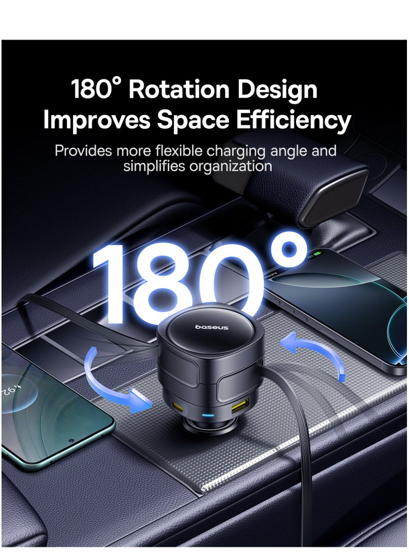 بيسوس شاحن سيارة سريع 90 واط 4 في 1 مع كابلات USB-C مزدوجة قابلة للسحب، دوران عمودي 180°، دعم الشحن السريع PD 3.0 و QC 3.0، منافذ USB-C و USB-A مزدوجة للشحن المتزامن، متوافق مع iPhone 16/15/14 Pro Max، Samsung Galaxy S25/S24 Ultra، Google Pixel 9، iPad Pro، الأجهزة اللوحية، Nintendo Switch، AirPods، الكاميرات، والمزيد من الأجهزة. - Image 3