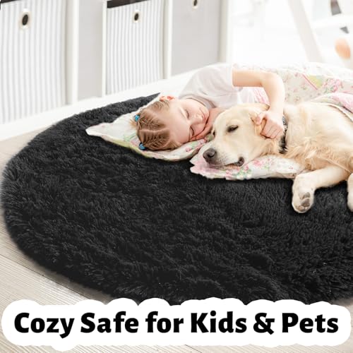 Amdrebio Black Round Rug 4Ft for Bedroom, Fluffy Circle Area Rugs for Living Room Decor Aesthetic, Shaggy Furry Circular Floor Carpet for Office Playroom Nursery Classroom, Modern Baby Kids Teen Boys Mens Rug - Image 2