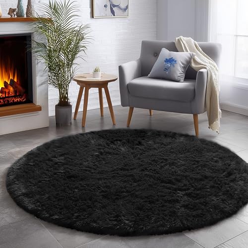 Amdrebio Black Round Rug 4Ft for Bedroom, Fluffy Circle Area Rugs for Living Room Decor Aesthetic, Shaggy Furry Circular Floor Carpet for Office Playroom Nursery Classroom, Modern Baby Kids Teen Boys Mens Rug - Image 4
