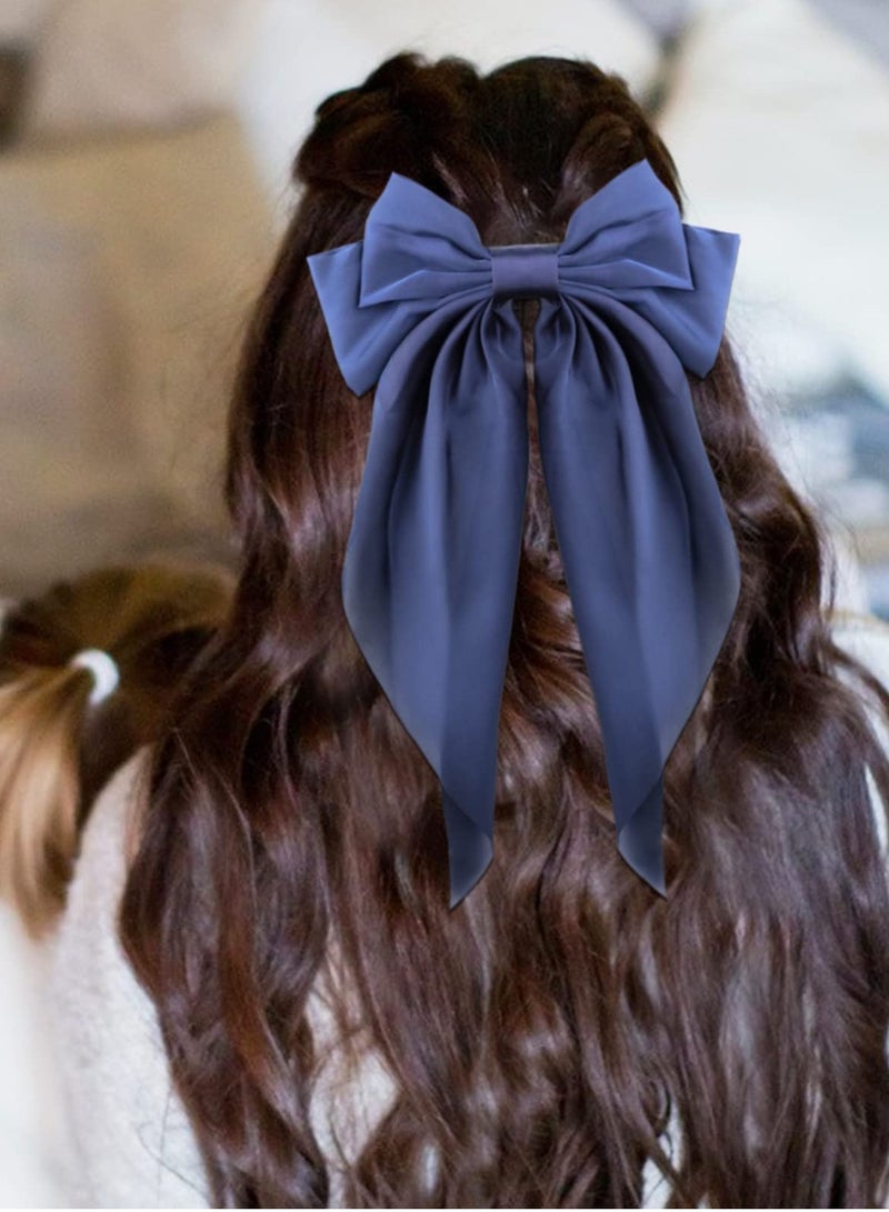 SOLARAE Big Bow Hair Clips,2pcs Long Tail French hair Bows for Women Girl, Satin Silk Bow Hair Barrette, Pink Navy Blue Bow Hair Dress Up Accessories for Birthday/ Party/ Show - Image 3