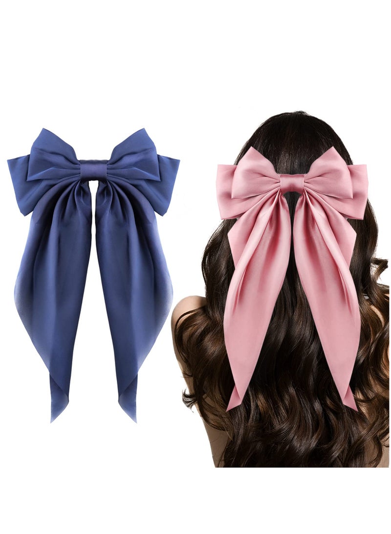SOLARAE Big Bow Hair Clips,2pcs Long Tail French hair Bows for Women Girl, Satin Silk Bow Hair Barrette, Pink Navy Blue Bow Hair Dress Up Accessories for Birthday/ Party/ Show - Image 1