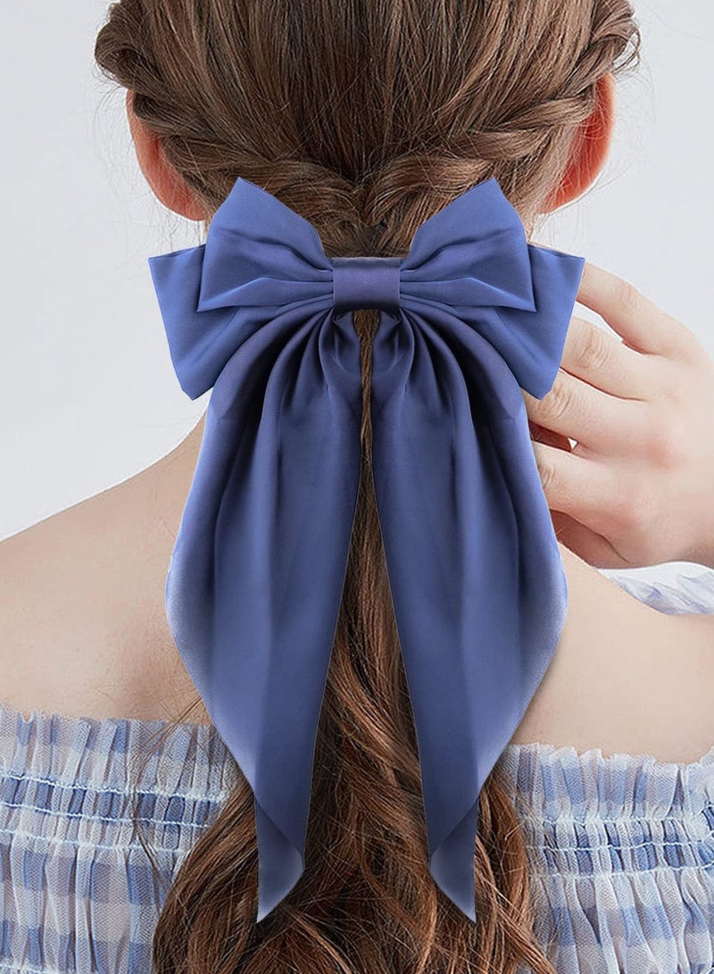 SOLARAE Big Bow Hair Clips,2pcs Long Tail French hair Bows for Women Girl, Satin Silk Bow Hair Barrette, Pink Navy Blue Bow Hair Dress Up Accessories for Birthday/ Party/ Show - Image 2