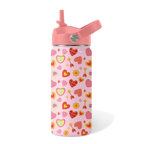 xiiai Heart Gifts for Kids - 16 Oz Kids Water Bottle with Straw Lid, Stainless Steel Insulated Tumbler, Leak Proof, BPA-Free, for Girls, School, Travel - Heart Pattern Children Birthday Gifts Cups(1pc) - Image 1