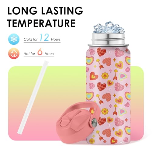xiiai Heart Gifts for Kids - 16 Oz Kids Water Bottle with Straw Lid, Stainless Steel Insulated Tumbler, Leak Proof, BPA-Free, for Girls, School, Travel - Heart Pattern Children Birthday Gifts Cups(1pc) - Image 4