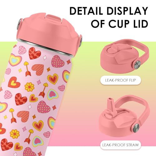 xiiai Heart Gifts for Kids - 16 Oz Kids Water Bottle with Straw Lid, Stainless Steel Insulated Tumbler, Leak Proof, BPA-Free, for Girls, School, Travel - Heart Pattern Children Birthday Gifts Cups(1pc) - Image 5