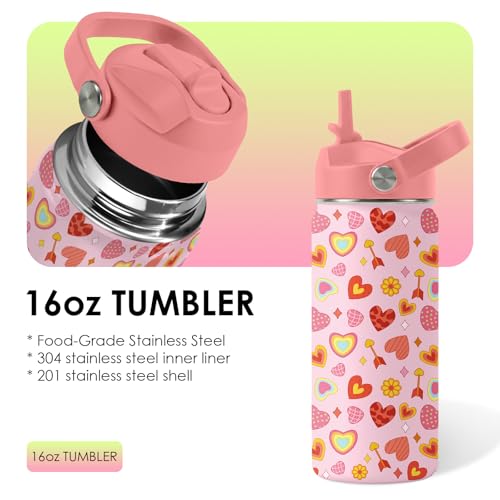 xiiai Heart Gifts for Kids - 16 Oz Kids Water Bottle with Straw Lid, Stainless Steel Insulated Tumbler, Leak Proof, BPA-Free, for Girls, School, Travel - Heart Pattern Children Birthday Gifts Cups(1pc) - Image 3