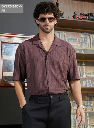 Campus Sutra Campus Sutra Men's Brick Brown Zigzag-Helix Resort Oversized Shirt For Casual Wear | Cuban Collar | Short Regular Sleeves | Button Closure | Oversized Shirt Crafted With Comfort Fit For Everyday Wear