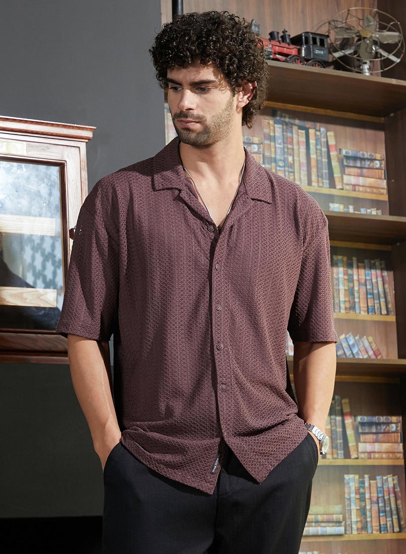 Campus Sutra Men's Brick Brown Zigzag-Helix Resort Oversized Shirt  - Image 2