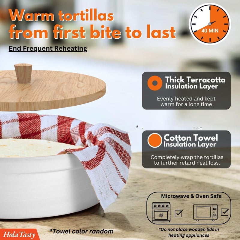 woobud Authentic Tortilla Warmer w Wooden Lid - 9.5 Inch Tortillas Holder, Terracotta Clay Tortillero Large Tortilla Container w Insulated Cloth - White - Image 3