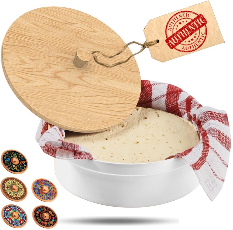 woobud Authentic Tortilla Warmer w Wooden Lid - 9.5 Inch Tortillas Holder, Terracotta Clay Tortillero Large Tortilla Container w Insulated Cloth - White - Image 1