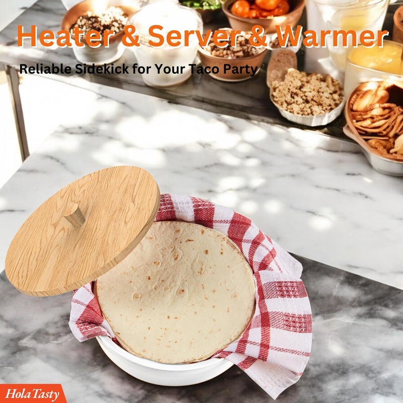 woobud Authentic Tortilla Warmer w Wooden Lid - 9.5 Inch Tortillas Holder, Terracotta Clay Tortillero Large Tortilla Container w Insulated Cloth - White - Image 2