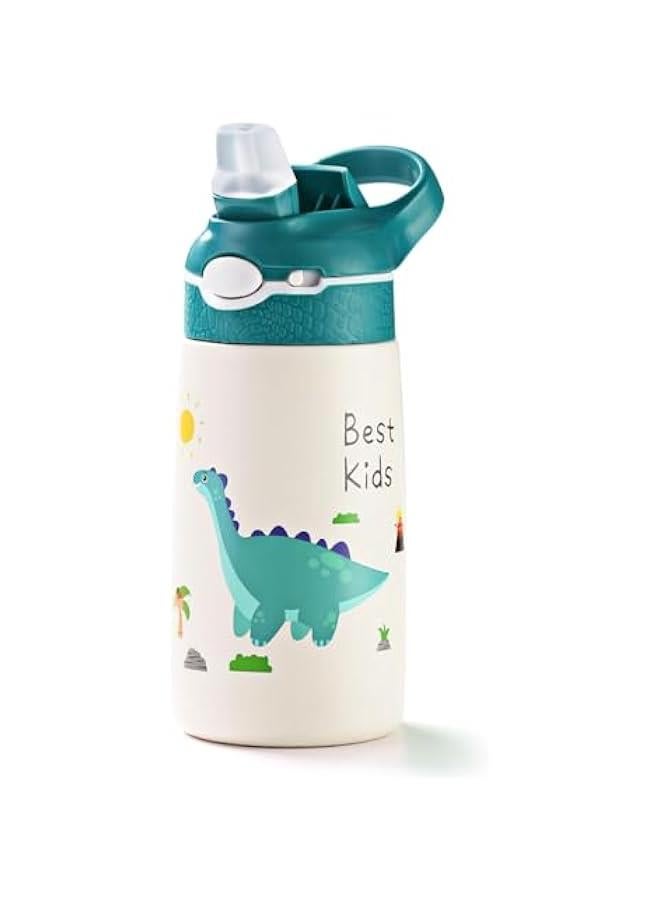 TRASSLE Kids Stainless Steel Water Bottles with Straw, 13.5 oz Insulated Water Bottle Double Wall Keep Hot Cold Drinks Thermos Toddler Bottle with Handle BPA-Free for School Boys Girls (Green Dinosaur) - Image 1