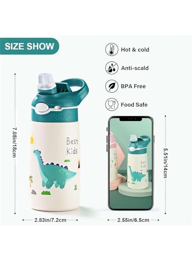 TRASSLE Kids Stainless Steel Water Bottles with Straw, 13.5 oz Insulated Water Bottle Double Wall Keep Hot Cold Drinks Thermos Toddler Bottle with Handle BPA-Free for School Boys Girls (Green Dinosaur) - Image 2