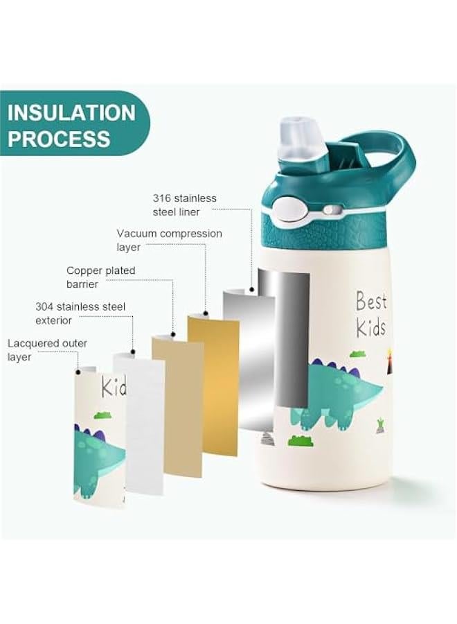 TRASSLE Kids Stainless Steel Water Bottles with Straw, 13.5 oz Insulated Water Bottle Double Wall Keep Hot Cold Drinks Thermos Toddler Bottle with Handle BPA-Free for School Boys Girls (Green Dinosaur) - Image 3