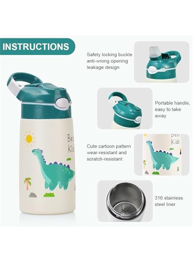 TRASSLE Kids Stainless Steel Water Bottles with Straw, 13.5 oz Insulated Water Bottle Double Wall Keep Hot Cold Drinks Thermos Toddler Bottle with Handle BPA-Free for School Boys Girls (Green Dinosaur) - Image 5