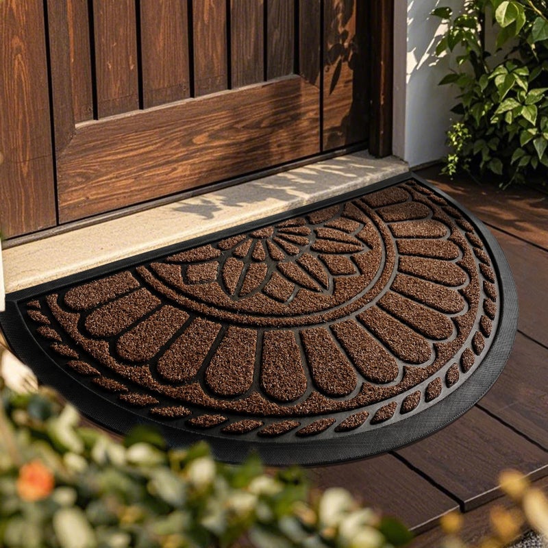 Mibao Front Door Mat Indoor Outdoor Entrance, Semicircular Entrance Mat, Half Round Waterproo Non-Slip Durable Rubber Door Mats, Low Profile Heavy Duty Doormat for Garage, Patio, 30" x 18", Coffee - Image 1
