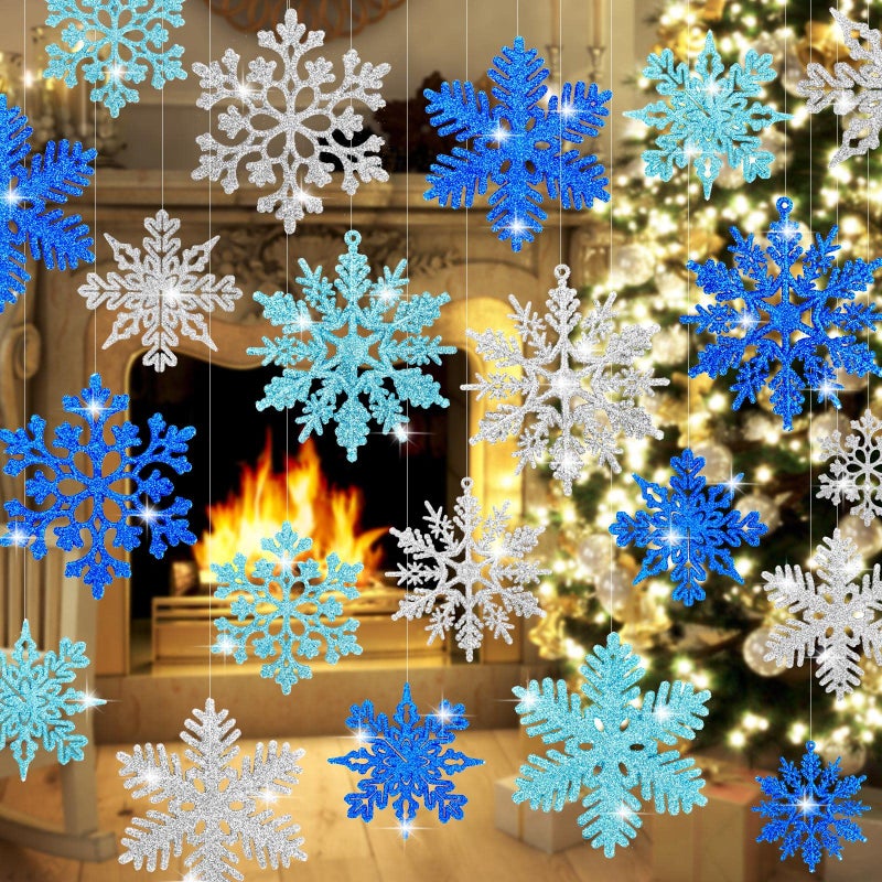 Whaline 48Pcs Christmas Snowflake Hanging Ornaments Glitter Assorted Blue Silver Winter Snow Flake Christmas Tree Decor Xmas Plastic Snowflakes for Wonderland Holiday Home Party DIY Craft Decor 39in