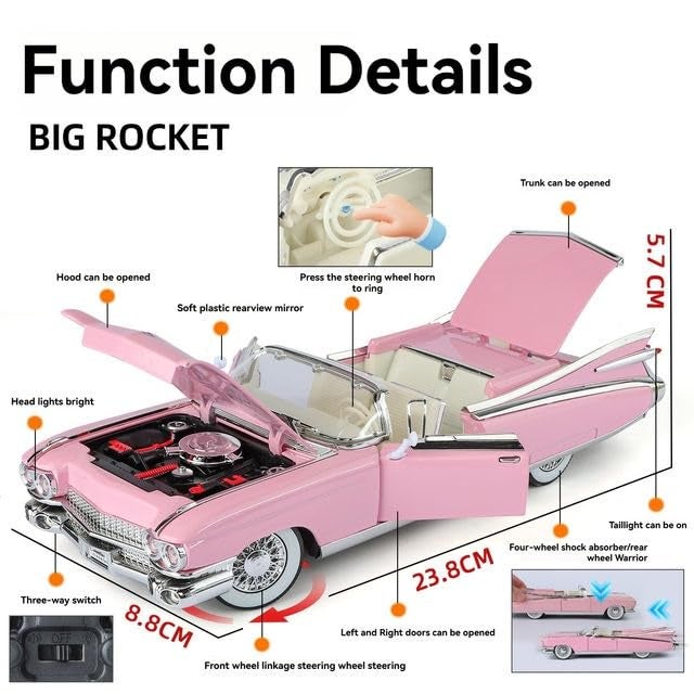 Invite Enterprise 1:24 Scale Classic 1950s Convertible Alloy Die-Cast Model Car with Sound & Light, Pull Back Action, 4 Opening Doors | Collectible Vintage Model Toy Car for Kids & Adults [Multicolor] - Image 2