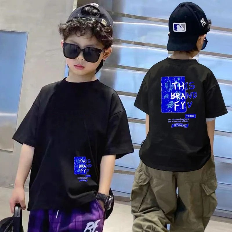 25 Summer Children'S Cotton Short-Sleeved Loose Shoulder Children'S Wear For Boys Upper Chinese Printed T-Shirt Summer Wear Big Children'S Half-Sleeved - Image 1