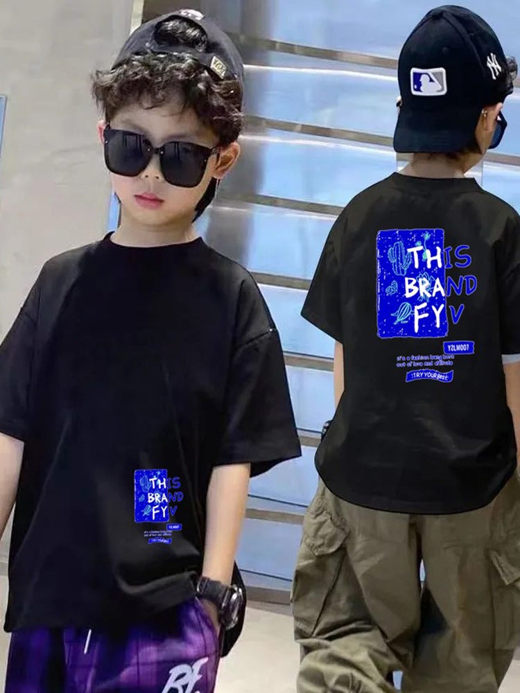 25 Summer Children'S Cotton Short-Sleeved Loose Shoulder Children'S Wear For Boys Upper Chinese Printed T-Shirt Summer Wear Big Children'S Half-Sleeved - Image 3